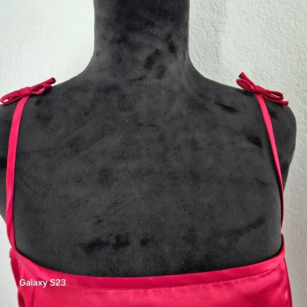 Satin Red Skinny Bow Strap Dress - Picture 4 of 6